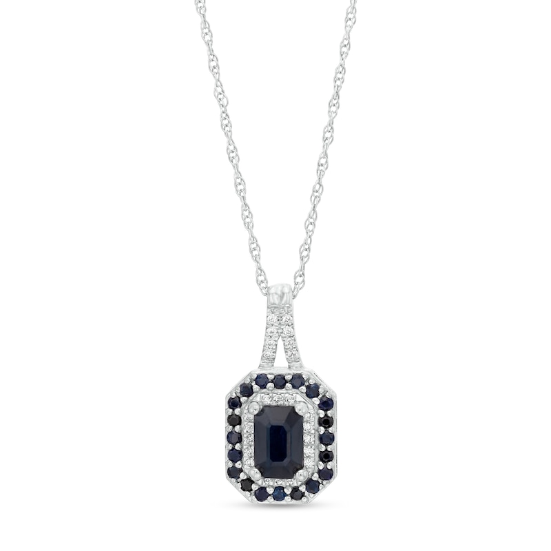 Emerald-Cut Blue Sapphire and 0.07 CT. T.W. Diamond Double Frame Split Bail Pendant in 10K White Gold|Peoples Jewellers