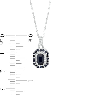 Emerald-Cut Blue Sapphire and 0.07 CT. T.W. Diamond Double Frame Split Bail Pendant in 10K White Gold