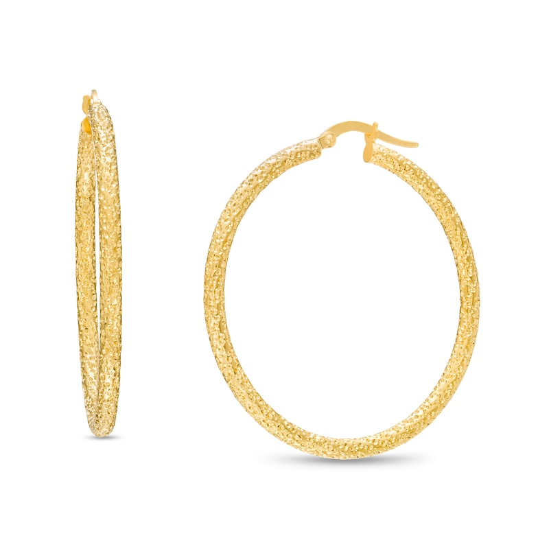 35.0mm Diamond-Cut Glitter Tube Hoop Earrings in 14K Gold