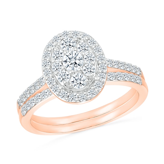 0.96 CT. T.W. Oval-Shaped Multi-Diamond Frame Bridal Set in 10K Rose Gold