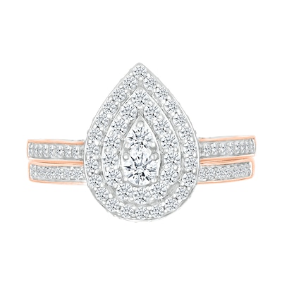 0.95 CT. T.W. Pear-Shaped Multi-Diamond Double Frame Bridal Set in 10K Rose Gold