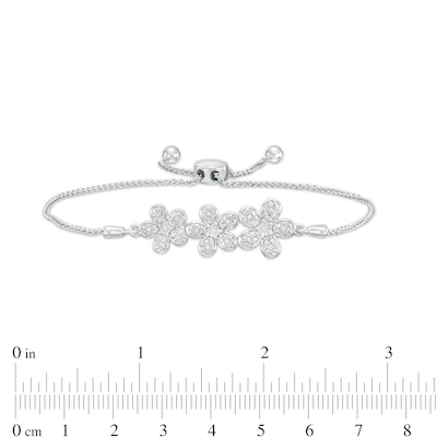 0.06 CT. T.W. Diamond Flower Trio Bolo Bracelet in Sterling Silver – 9.5"