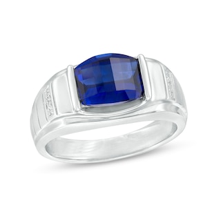 Men's Barrel-Cut Lab-Created Blue Sapphire and Diamond Accent Ring in 10K White Gold