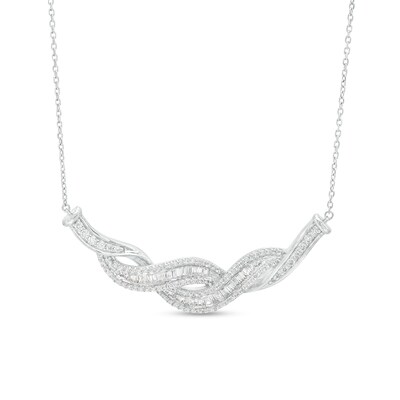 1.00 CT. T.W. Baguette and Round Diamond Twist Necklace in 10K White Gold