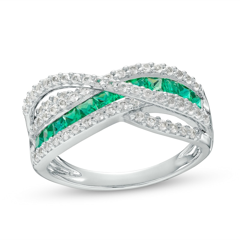 Princess-Cut Lab-Created Emerald and White Lab-Created Sapphire Crossover Multi-Row Band in 10K White Gold