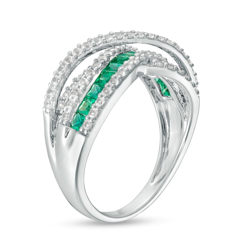 Princess-Cut Lab-Created Emerald and White Lab-Created Sapphire Crossover Multi-Row Band in 10K White Gold