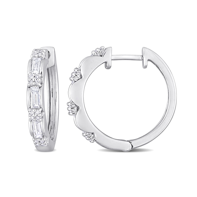 Main Image 1 of 0.96 CT. T.W. Baguette Diamond Scallop Sides Hoop Earrings in Platinum