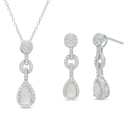 Pear-Shaped Lab-Created Opal and White Lab-Created Sapphire Frame Link Drop Pendant and Earrings Set in Sterling Silver