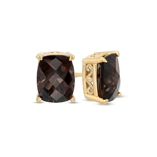 Cushion-Cut Smoky Quartz Solitaire Stud Earrings in 10K Gold