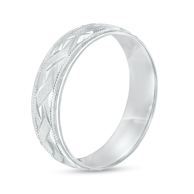 Men's 6.0mm Diamond-Cut Braided Milgrain Edge Comfort-Fit Engravable Wedding Band in 14K White Gold (1 Line)|Peoples Jewellers
