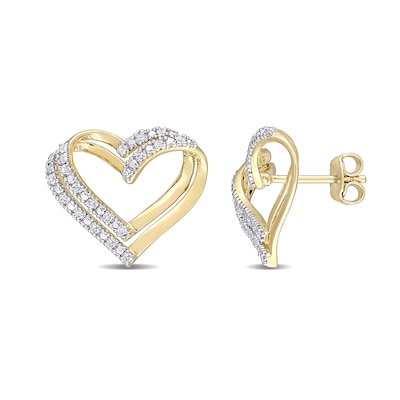 0.20 CT. T.W. Diamond Layered Double Heart Stud Earrings in Sterling Silver with Yellow Rhodium