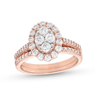 0.95 CT. T.W. Oval-Shaped Multi-Diamond Frame Bridal Set in 10K Rose Gold (J/I3)