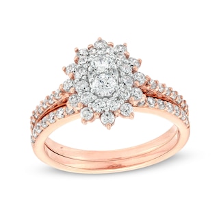 0.95 CT. T.W. Oval-Shaped Multi-Diamond Double Flower Frame Bridal Set in 10K Rose Gold (J/I3)