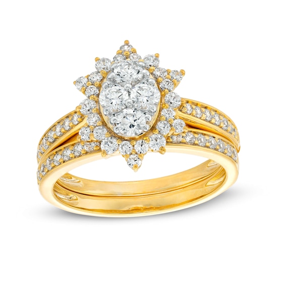 0.95 CT. T.W. Oval-Shaped Multi-Diamond Alternating Flower Frame Bridal Set in 10K Gold (J/I3)