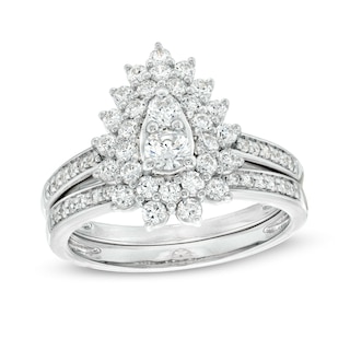 0.95 CT. T.W. Pear-Shaped Multi-Diamond Double Flower Frame Bridal Set in 10K White Gold (J/I3)