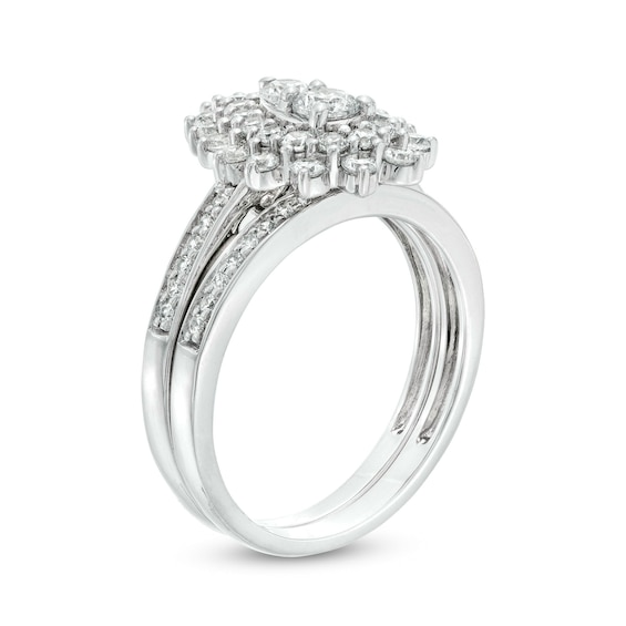 0.95 CT. T.W. Pear-Shaped Multi-Diamond Double Flower Frame Bridal Set in 10K White Gold (J/I3)