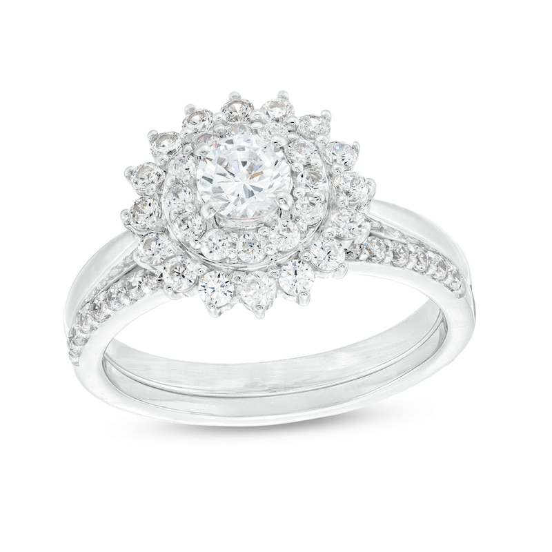 0.95 CT. T.W. Diamond Double Flower Frame Bridal Set in 10K White Gold (J/I3)|Peoples Jewellers