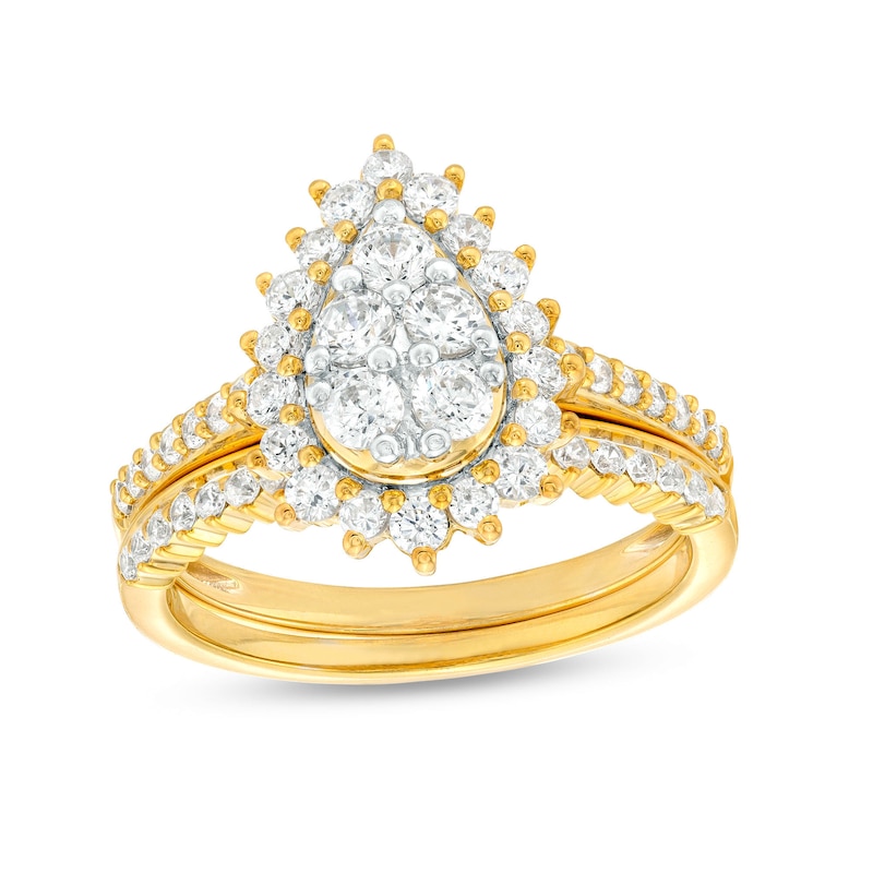 Main Image 1 of 0.95 CT. T.W. Pear-Shaped Multi-Diamond Floral Frame Bridal Set in 10K Gold (J/I3)