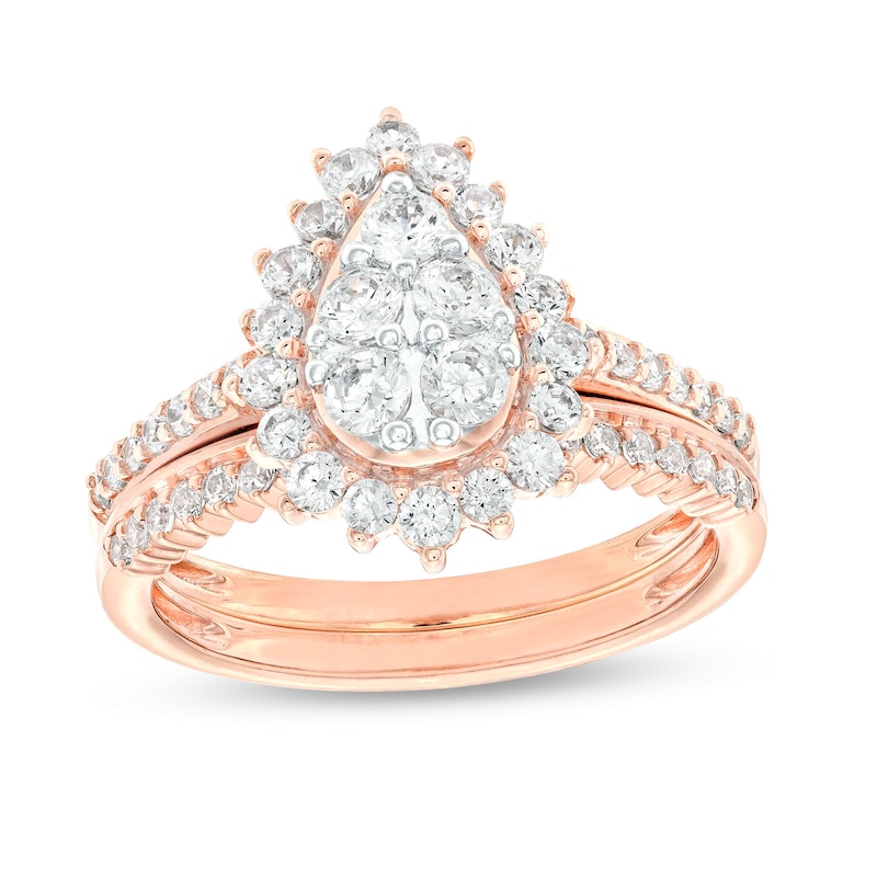 0.95 CT. T.W. Pear-Shaped Multi-Diamond Floral Frame Bridal Set in 10K Rose Gold (J/I3)