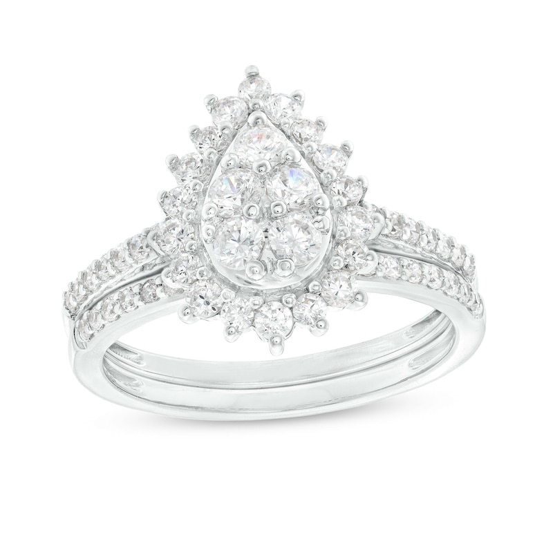 0.95 CT. T.W. Pear-Shaped Multi-Diamond Flower Frame Bridal Set in 10K White Gold (J/I3)|Peoples Jewellers