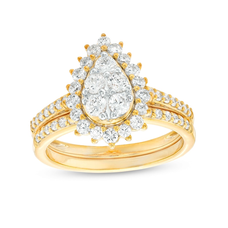 0.95 CT. T.W. Pear-Shaped Multi-Diamond Flower Frame Bridal Set in 10K Gold (J/I3)|Peoples Jewellers