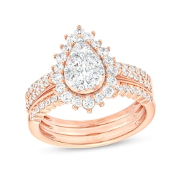 1.115 CT. T.W. Pear-Shaped Multi-Diamond Flower Frame Three Piece Bridal Set in 10K Rose Gold (J/I3)