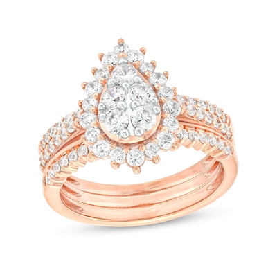 1.115 CT. T.W. Pear-Shaped Multi-Diamond Flower Frame Three Piece Bridal Set in 10K Rose Gold (J/I3)