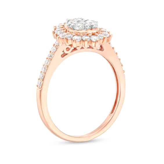 1.115 CT. T.W. Pear-Shaped Multi-Diamond Flower Frame Three Piece Bridal Set in 10K Rose Gold (J/I3)