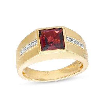 Men's 8.0mm Square-Cut Garnet and Diamond Accent Ring in 10K Gold