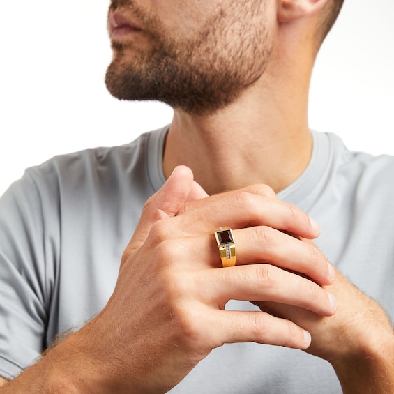 Men's 8.0mm Square-Cut Garnet and Diamond Accent Ring in 10K Gold