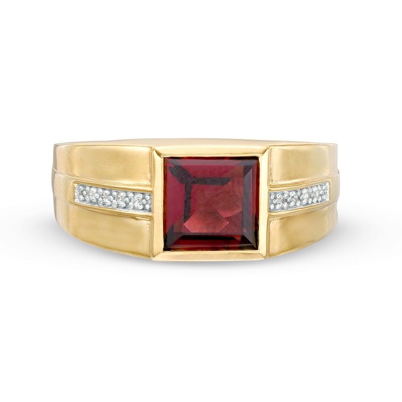 Men's 8.0mm Square-Cut Garnet and Diamond Accent Ring in 10K Gold