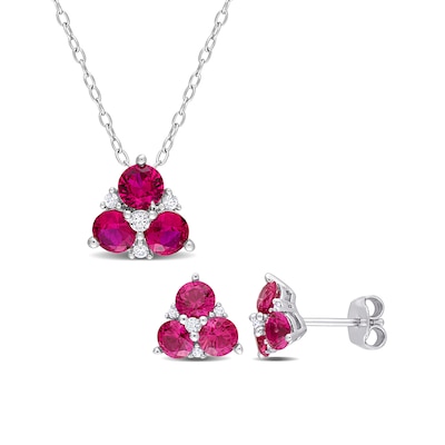 4.5mm Lab-Created Ruby and White Lab-Created Sapphire Trio Pendant and Stud Earrings Set in Sterling Silver