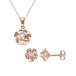 White Lab-Created Sapphire Solitaire Rose Pendant and Stud Earrings Set in Sterling Silver with 18K Rose Gold Plate