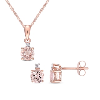 5.0mm Morganite and Diamond Accent Stacked Pendant and Stud Earrings Set in 10K Rose Gold - 17"