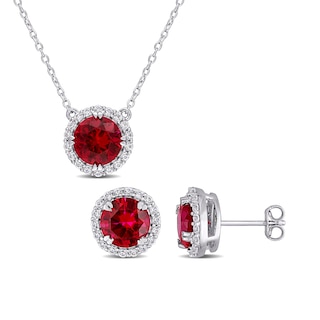 8.0mm Lab-Created Ruby and White Lab-Created Sapphire Frame Pendant and Stud Earrings Set in Sterling Silver