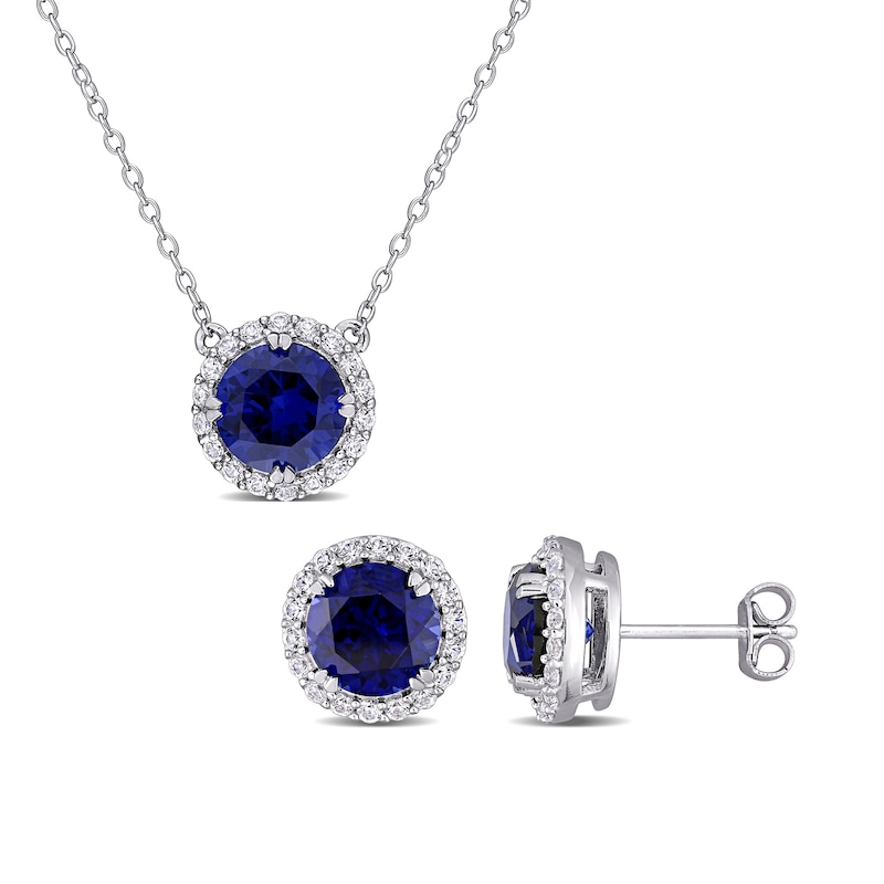 8.0mm Blue and White Lab-Created Sapphire Frame Pendant and Stud Earrings Set in Sterling Silver