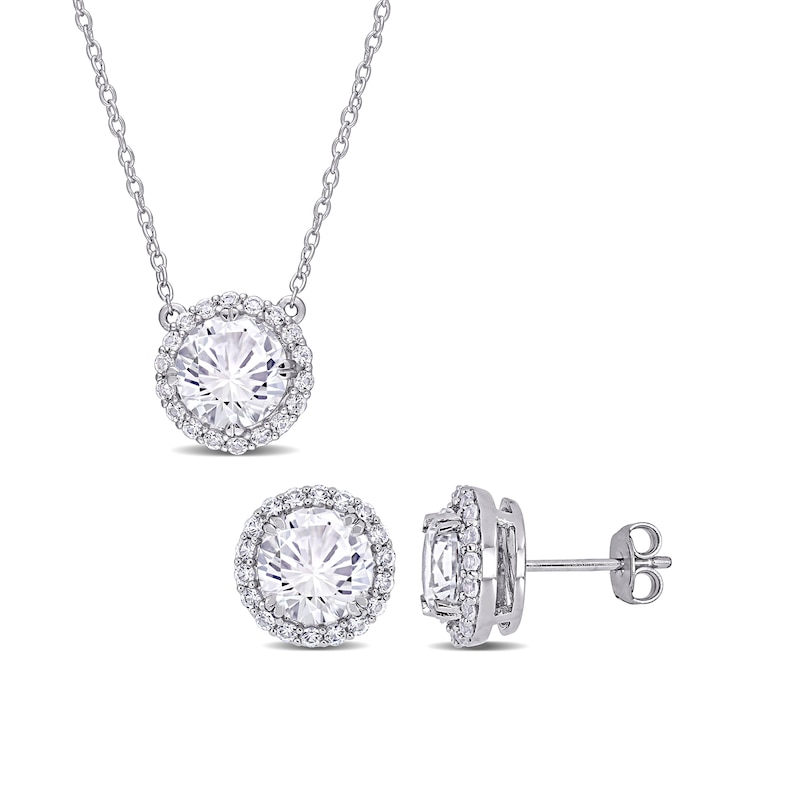 8.0mm White Lab-Created Sapphire Frame Pendant and Stud Earrings Set in Sterling Silver|Peoples Jewellers