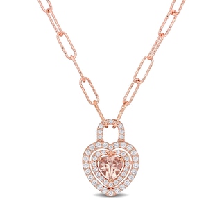 6.0mm Heart-Shaped Morganite and White Topaz Double Frame Heart Lock Necklace in Sterling Silver with Rose Rhodium