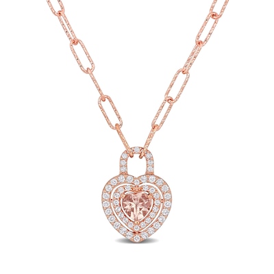 6.0mm Heart-Shaped Morganite and White Topaz Double Frame Heart Lock Necklace in Sterling Silver with Rose Rhodium