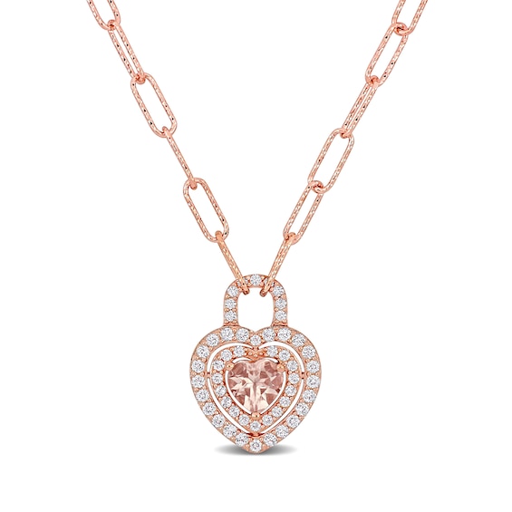 6.0mm Heart-Shaped Morganite and White Topaz Double Frame Heart Lock Necklace in Sterling Silver with Rose Rhodium