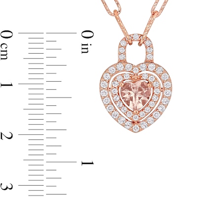 6.0mm Heart-Shaped Morganite and White Topaz Double Frame Heart Lock Necklace in Sterling Silver with Rose Rhodium