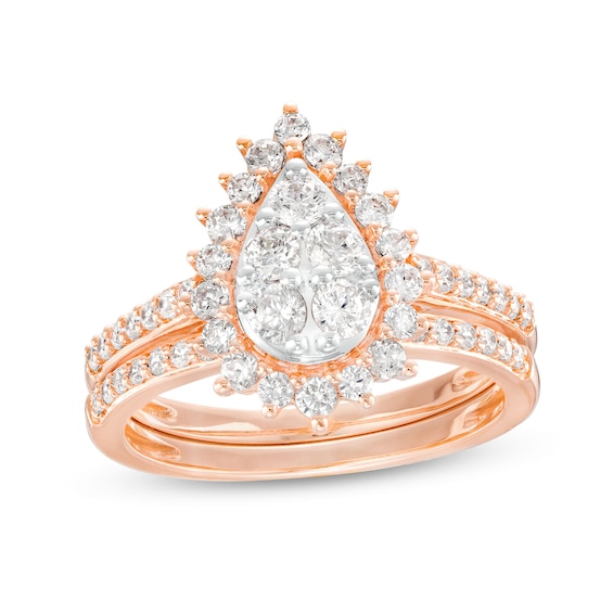 0.95 CT. T.W. Pear-Shaped Multi-Diamond Flower Frame Bridal Set in 10K Rose Gold (J/I3)