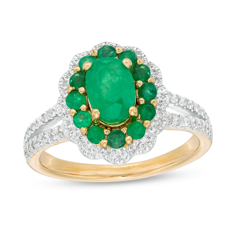 Oval Emerald and 0.25 CT. T.W. Diamond Double Scallop Frame Ring in 10K Gold|Peoples Jewellers
