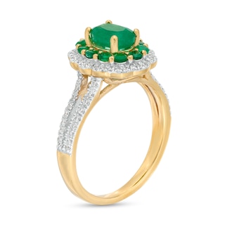 Oval Emerald and 0.25 CT. T.W. Diamond Double Scallop Frame Ring in 10K Gold