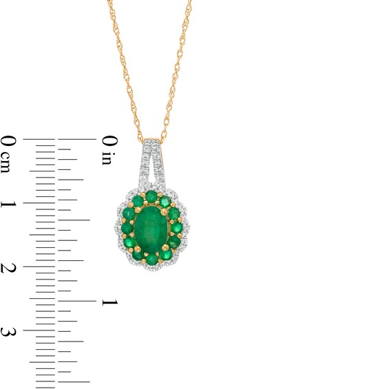 Oval Emerald and 0.15 CT. T.W. Diamond Double Scallop Frame Pendant in 10K Gold