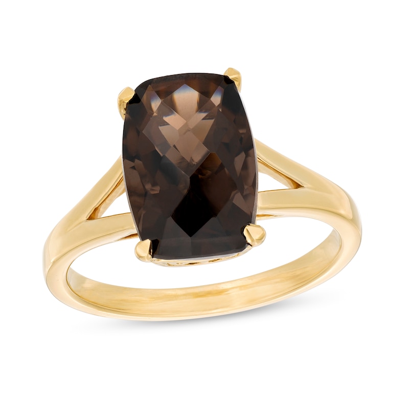 Cushion-Cut Smoky Quartz Solitaire Split Shank Ring in 10K Gold|Peoples Jewellers