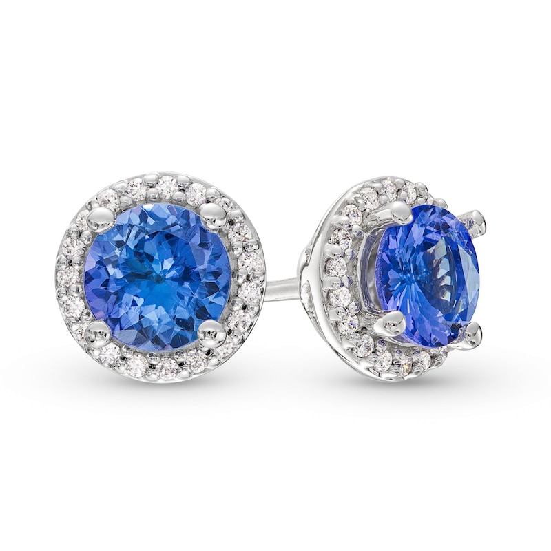 5.0mm Tanzanite and 0.11 CT. T.W. Diamond Frame Stud Earrings in 10K White Gold|Peoples Jewellers