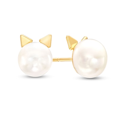 Child's 7.25mm Button Freshwater Cultured Pearl Cat Ear Stud Earrings in 14K Gold