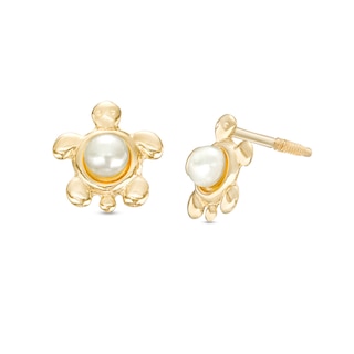 Child's Button Freshwater Cultured Pearl Turtle Stud Earrings in 14K Gold