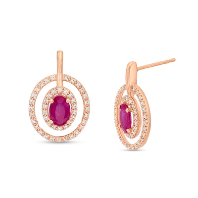 Oval Ruby and 0.25 CT. T.W. Diamond Double Open Frame Drop Earrings in 10K Rose Gold